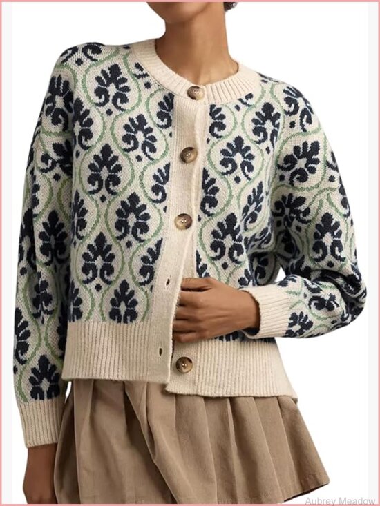 Sweaters - Women Floral Cardigan Open Front Long Sleeve Button Down Knit Sweater